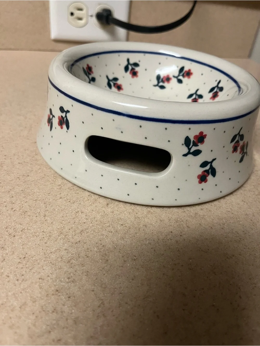 Polish Pottery Ceramic Dog Cat Floral Flower Food Dish Bowl